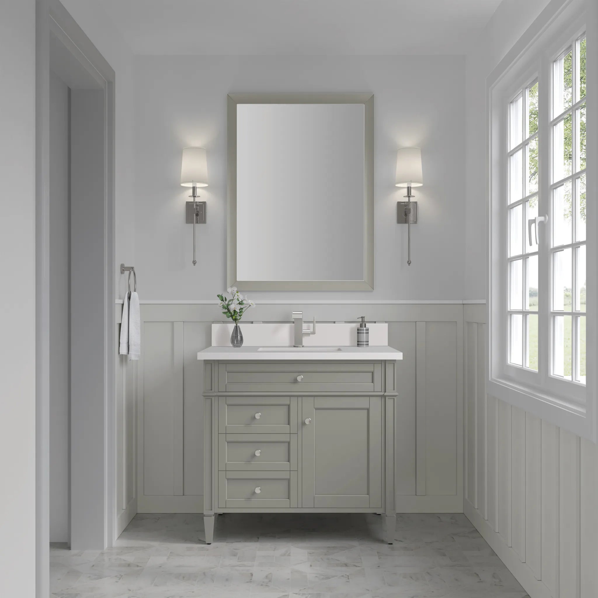 36" Brittany Single Vanity in Urban Gray-White Zeus Silestone & Backsplash-Single Hole image 1