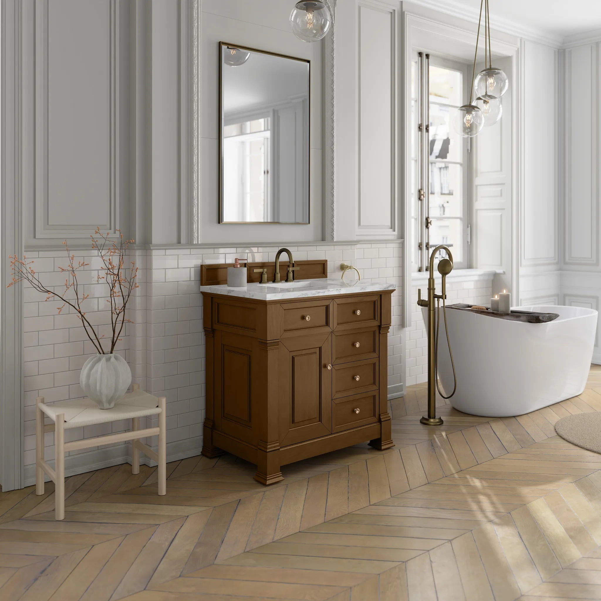 36" Brookfield Single Vanity in Honey Oak-Carrara White Marble-8" Widespread image 3