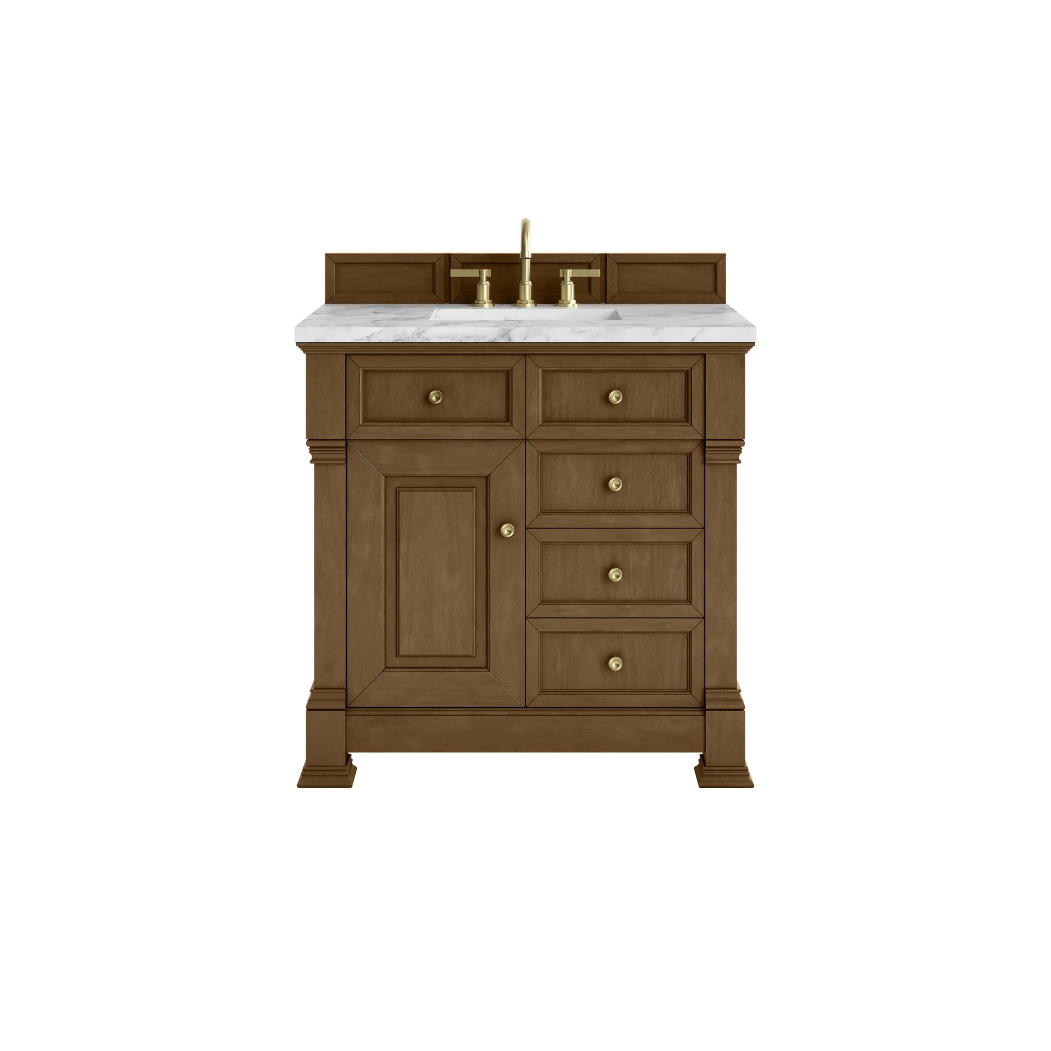 36" Brookfield Single Vanity in Honey Oak-Carrara White Marble-8" Widespread image