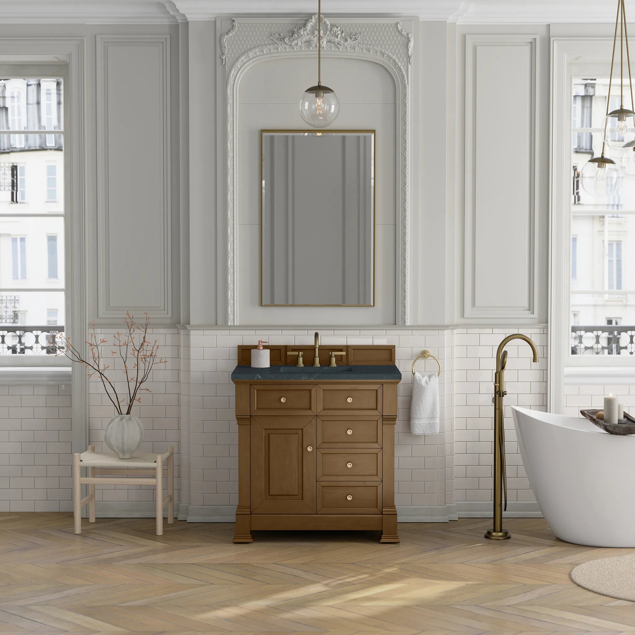 36" Brookfield Single Vanity in Honey Oak-Charcoal Soapstone Silestone-8" Widespread image 2