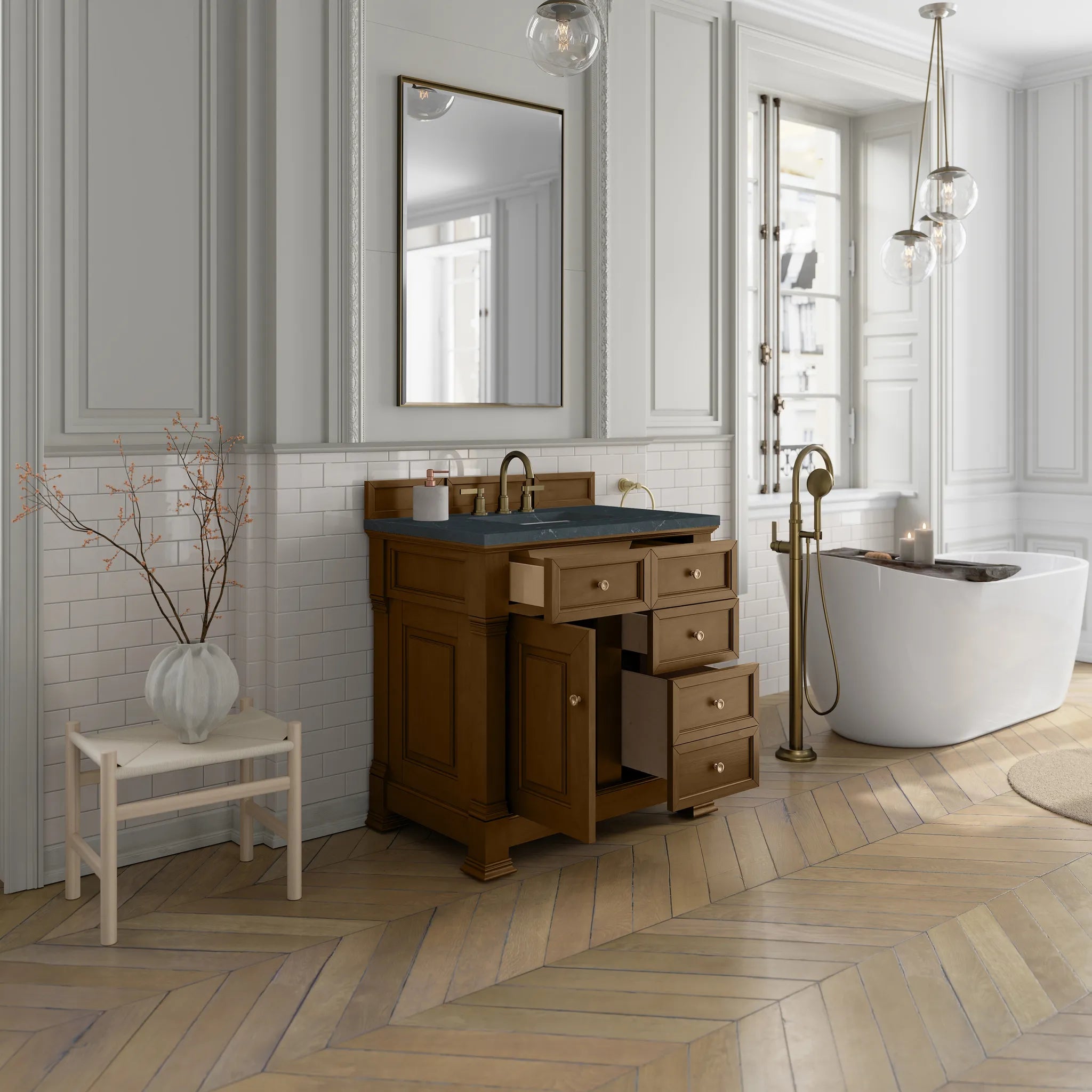 36" Brookfield Single Vanity in Honey Oak-Charcoal Soapstone Silestone-8" Widespread image 4