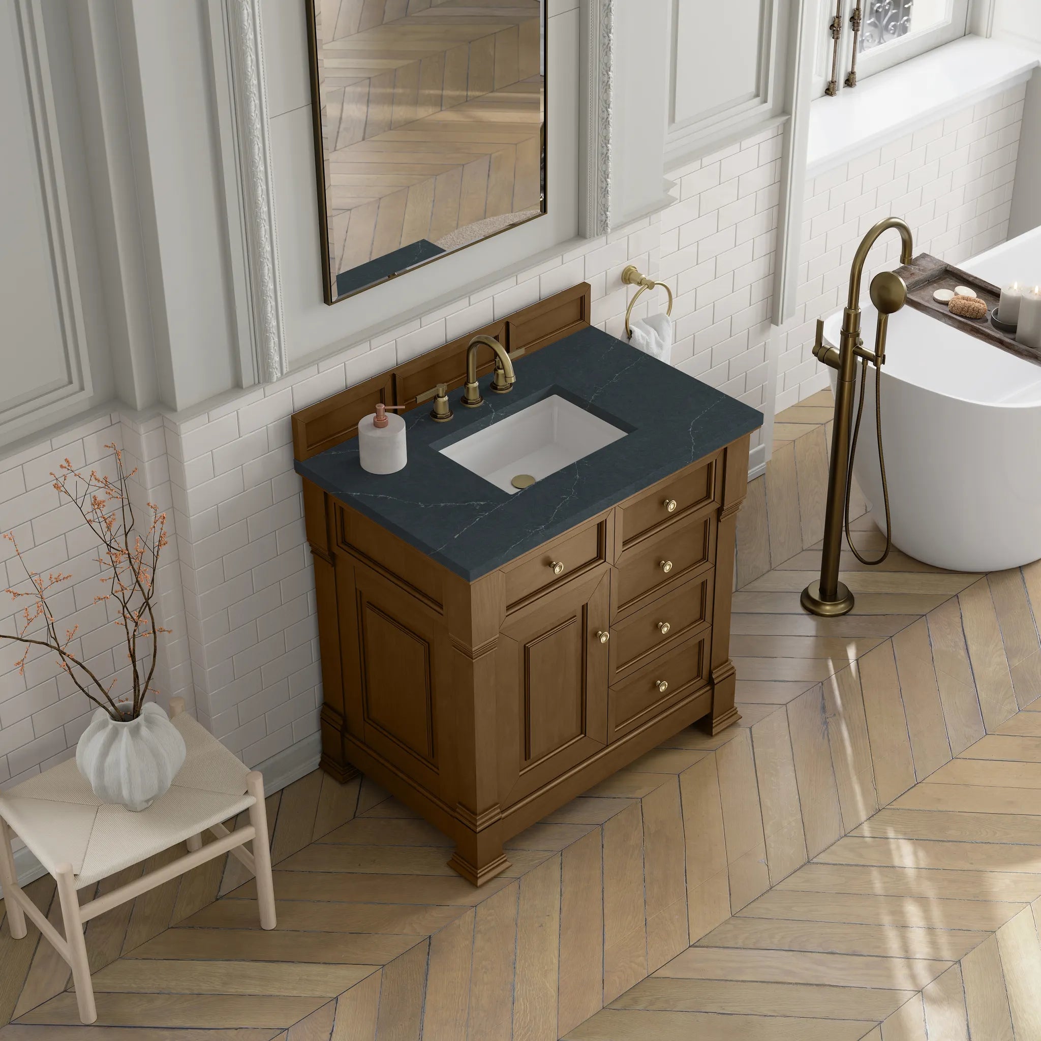 36" Brookfield Single Vanity in Honey Oak-Charcoal Soapstone Silestone-8" Widespread image 6