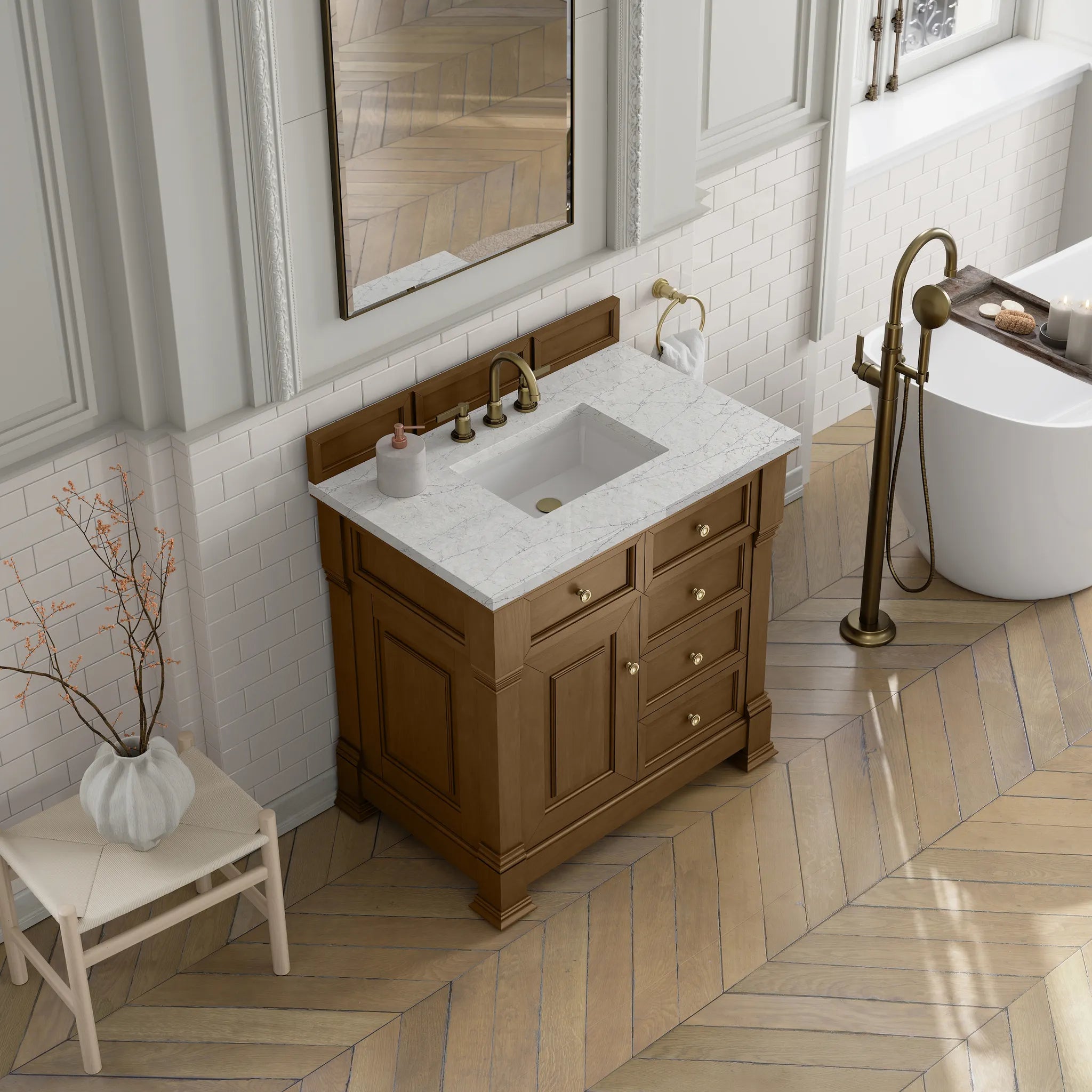36" Brookfield Single Vanity in Honey Oak-Eternal Jasmine Pearl Silestone-8" Widespread image 6