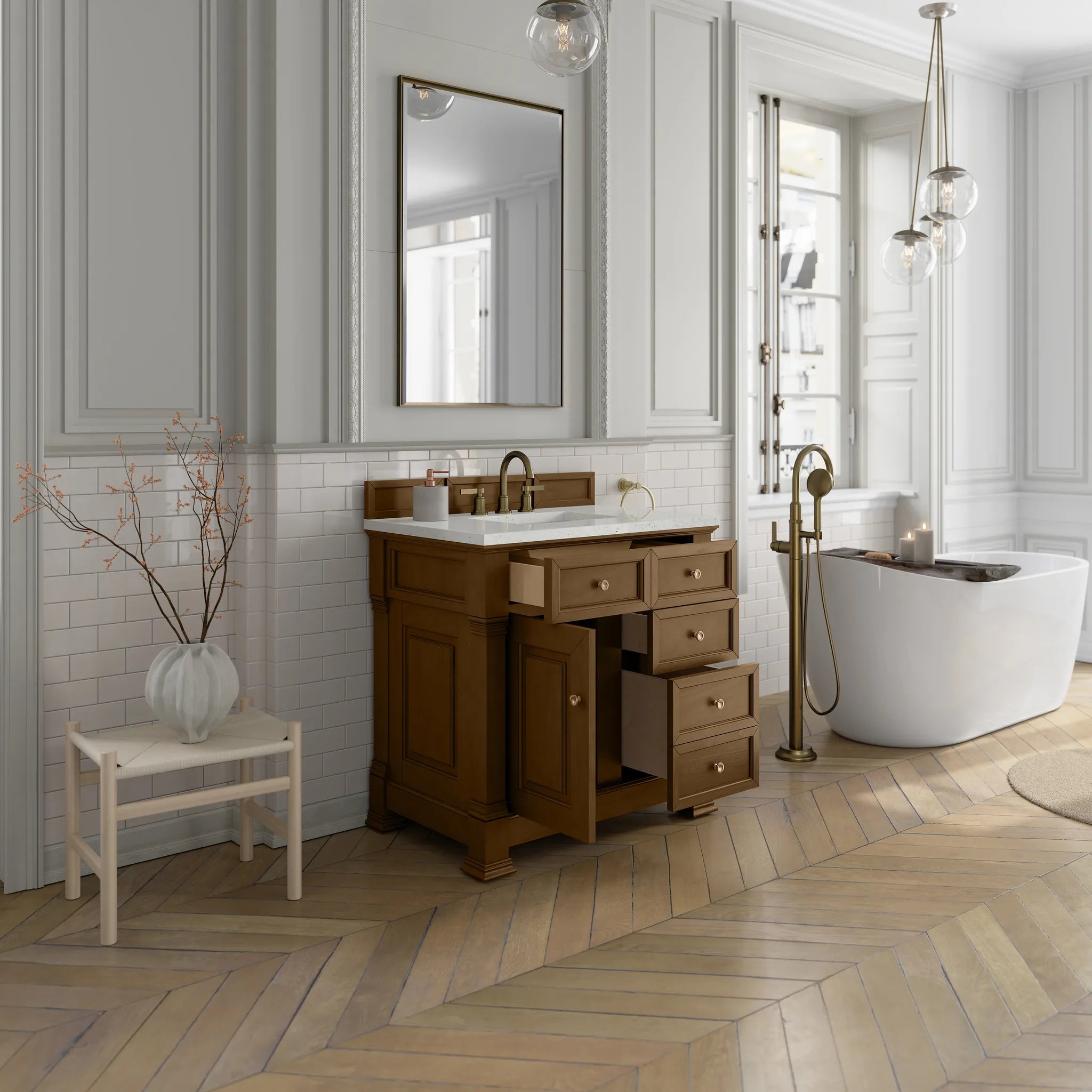 36" Brookfield Single Vanity in Honey Oak-Lime Delight Silestone-8" Widespread image 4