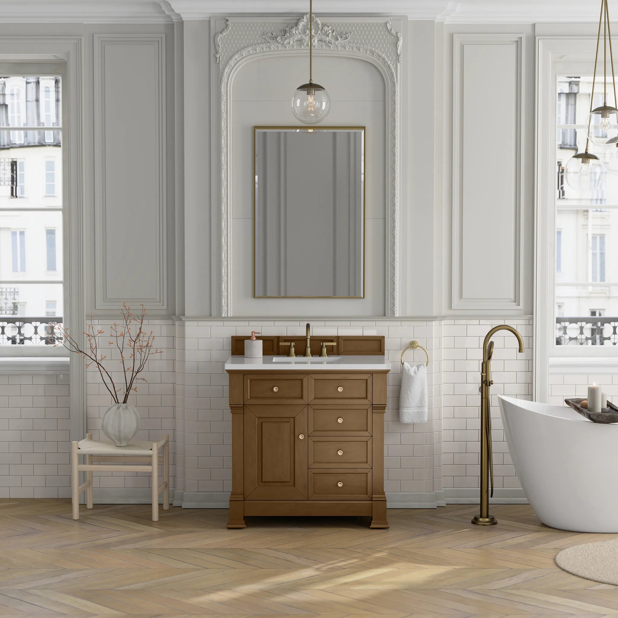 36" Brookfield Single Vanity in Honey Oak-White Zeus Silestone-8" Widespread image 2