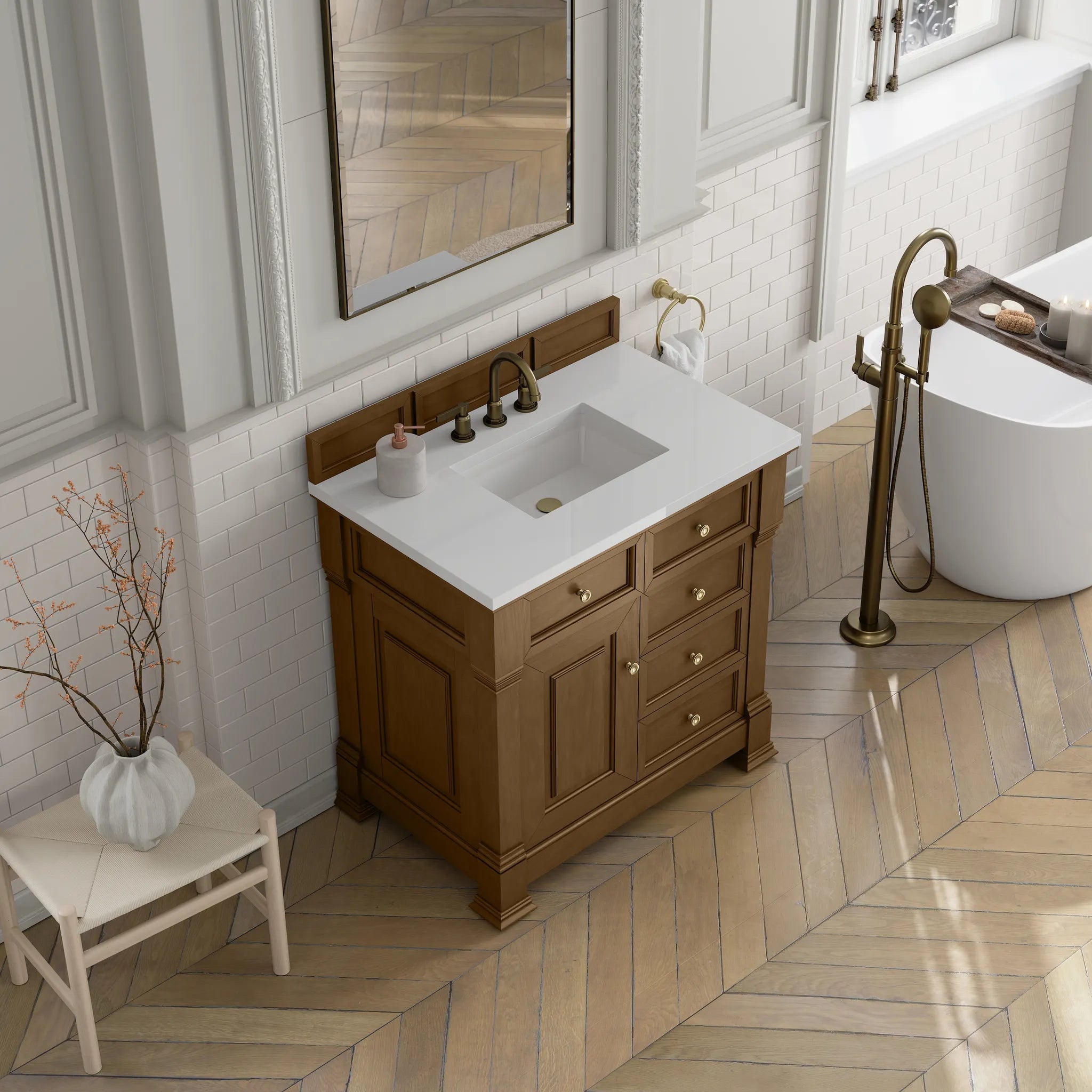 36" Brookfield Single Vanity in Honey Oak-White Zeus Silestone-8" Widespread image 6