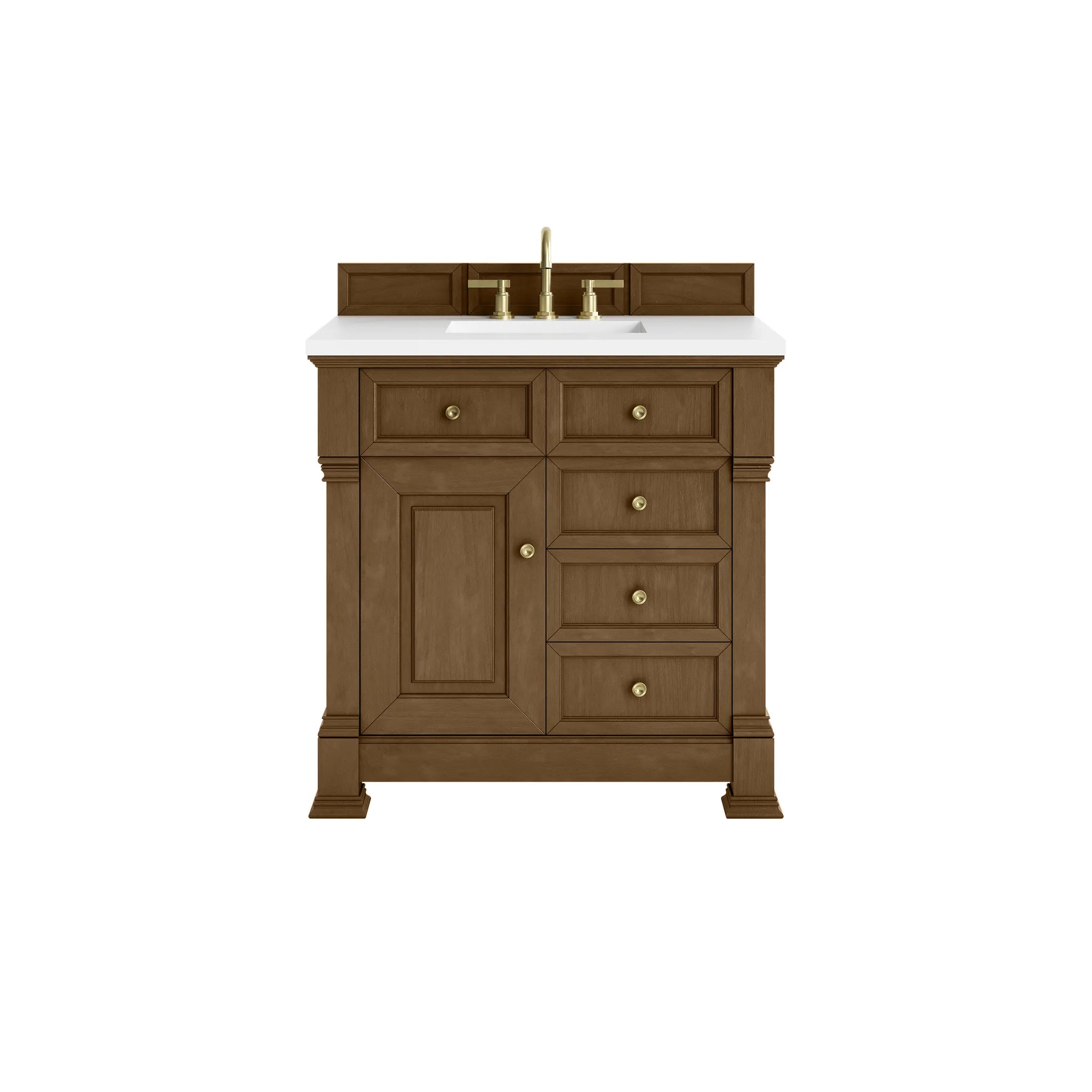 36" Brookfield Single Vanity in Honey Oak-White Zeus Silestone-8" Widespread image