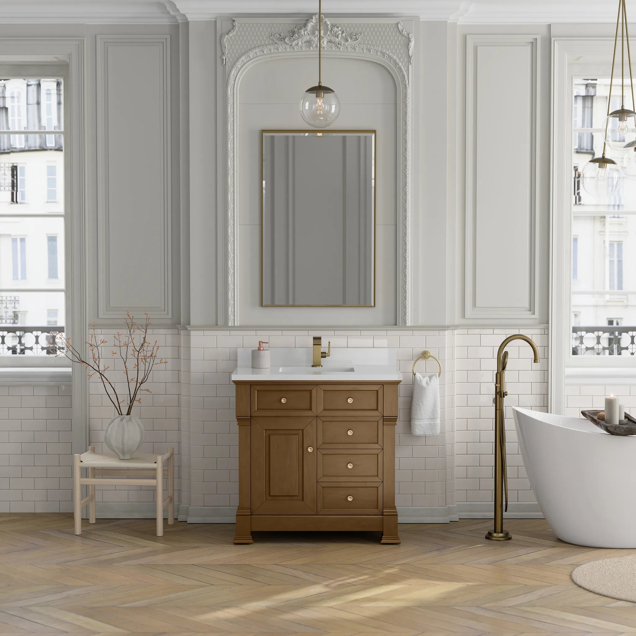 36" Brookfield Single Vanity in Honey Oak-White Zeus Silestone & Backsplash-Single Hole image 2