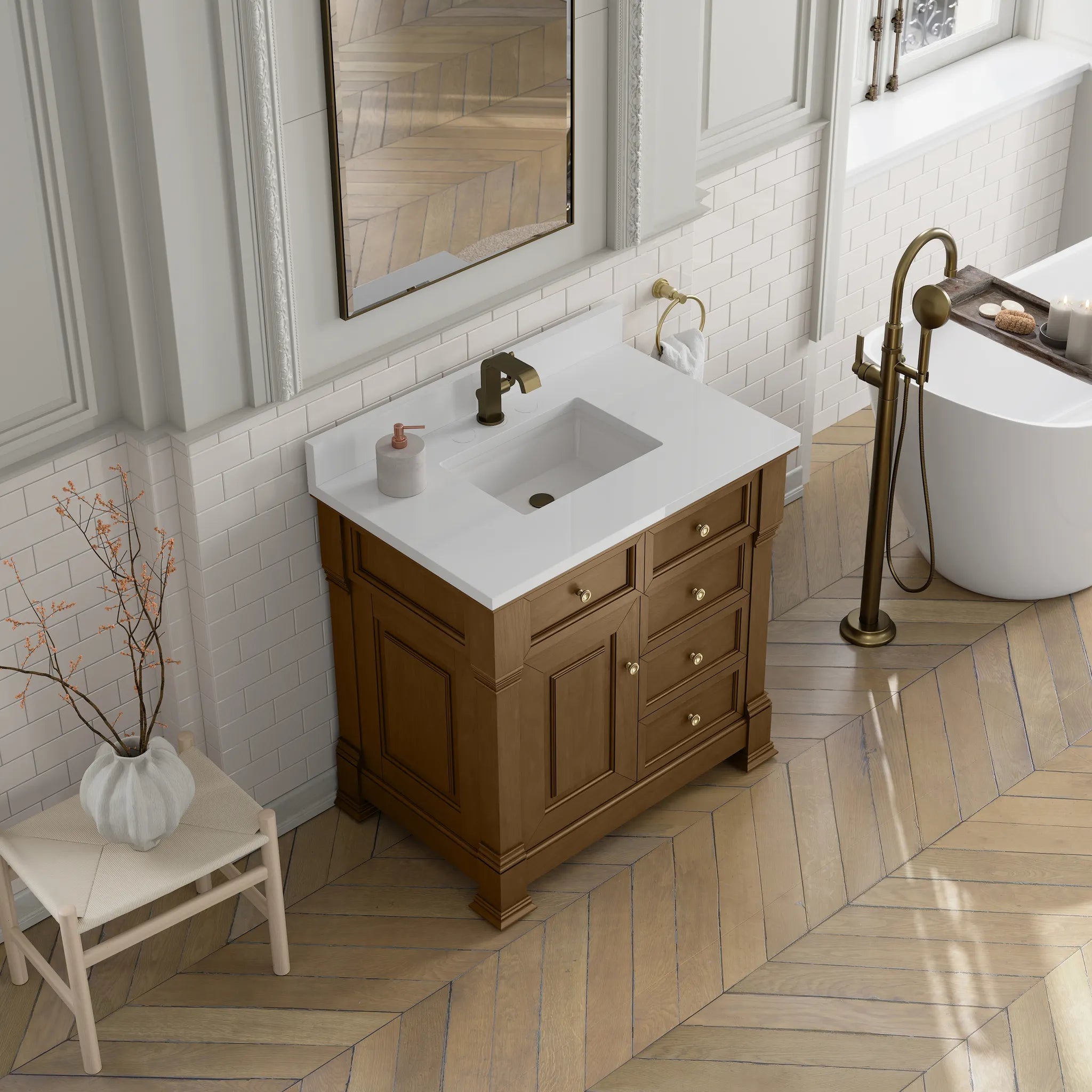 36" Brookfield Single Vanity in Honey Oak-White Zeus Silestone & Backsplash-Single Hole image 6