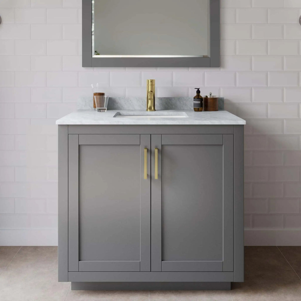 36" Miranda Single Bathroom Vanity in Dark Gray with Brushed Gold Trim & 34" Mirror by Wyndham