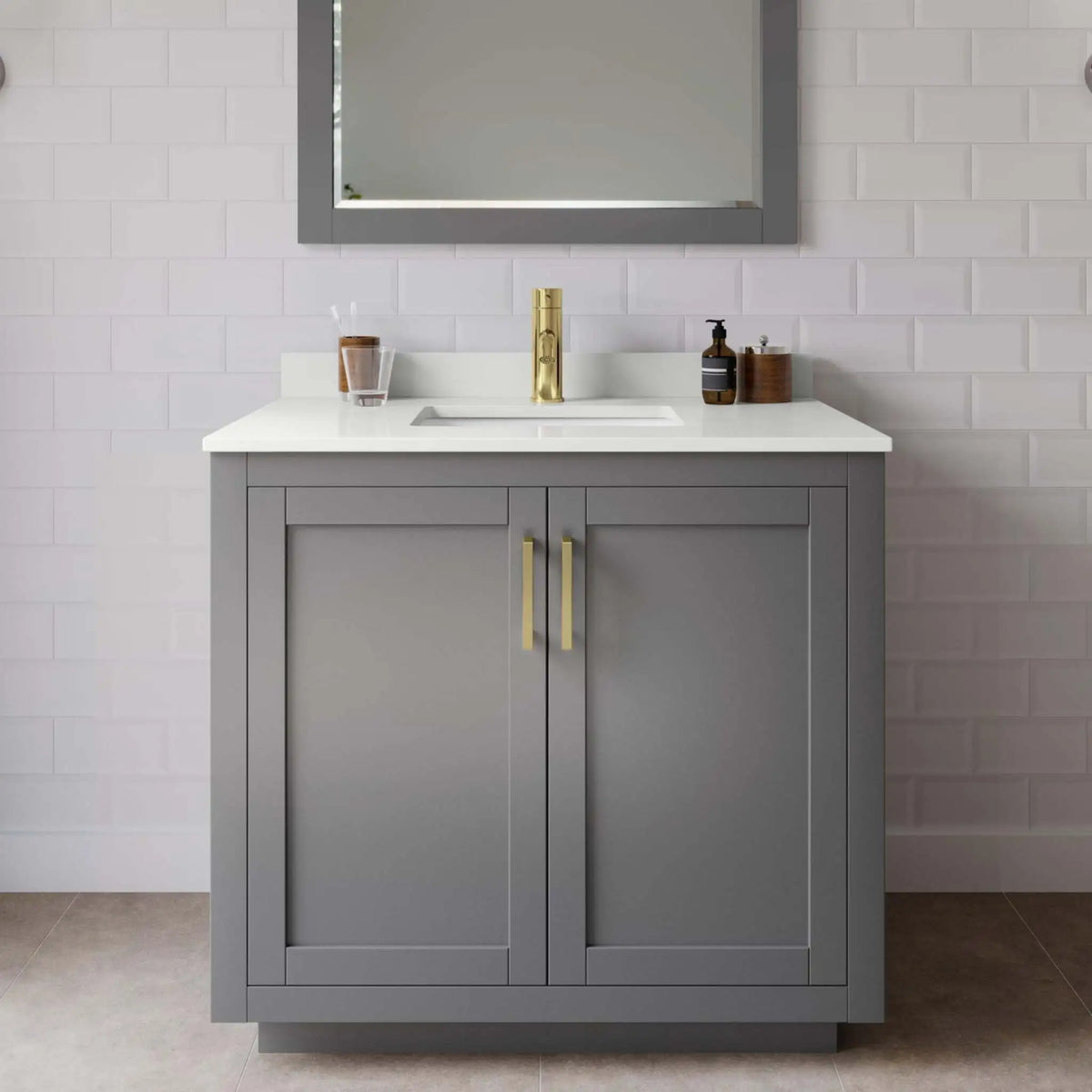 36" Miranda Single Bathroom Vanity in Dark Gray with Brushed Gold Trim & 34" Mirror by Wyndham