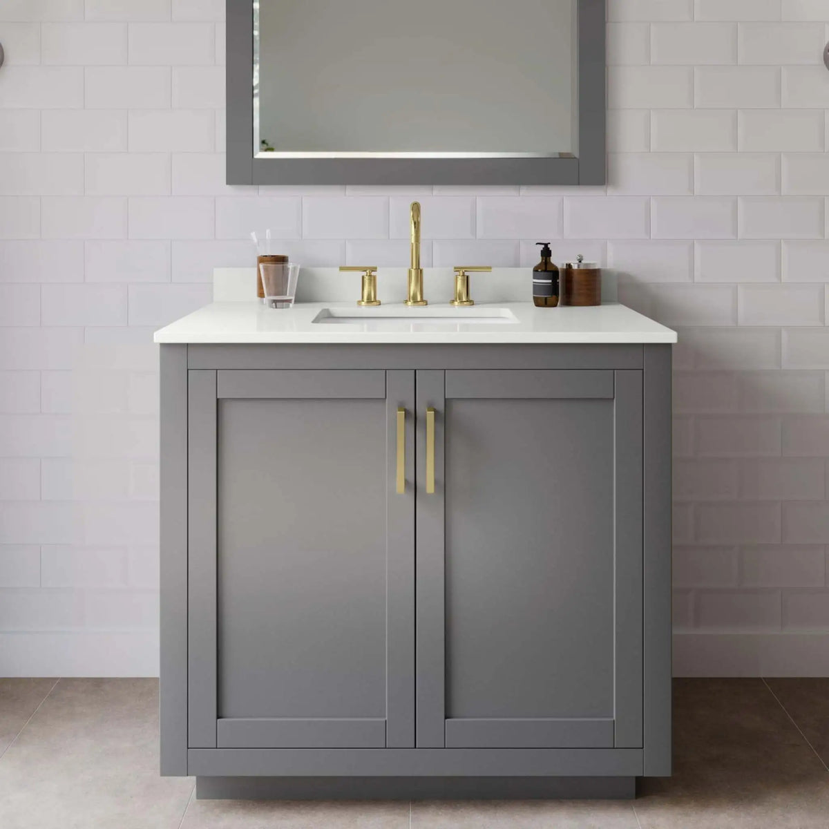 36" Miranda Single Bathroom Vanity in Dark Gray with Brushed Gold Trim & 34" Mirror by Wyndham