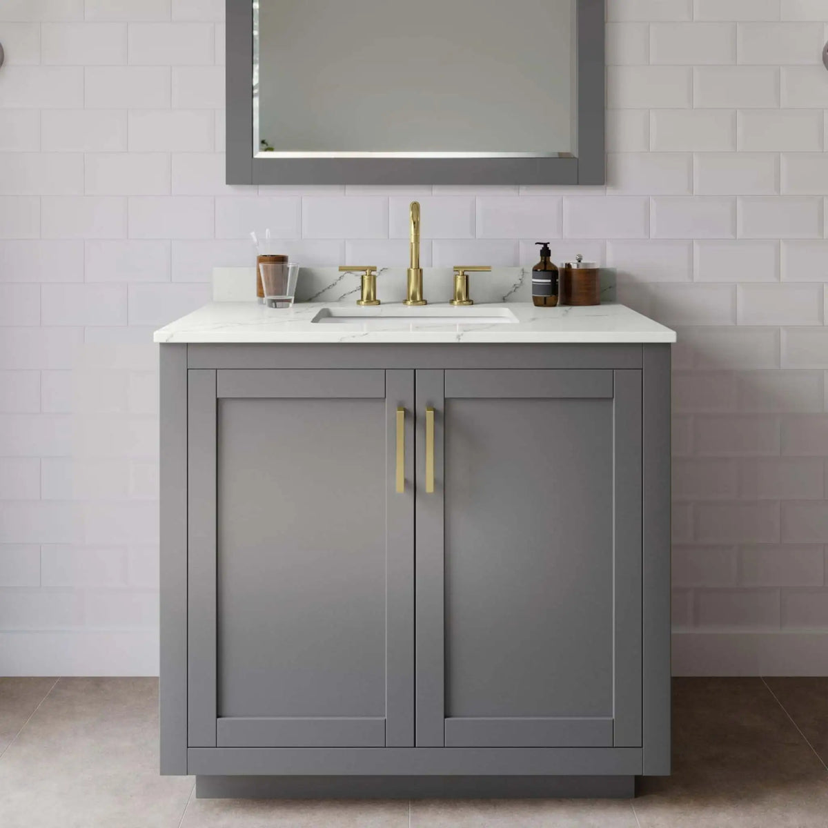 36" Miranda Single Bathroom Vanity in Dark Gray with Brushed Gold Trim by Wyndham