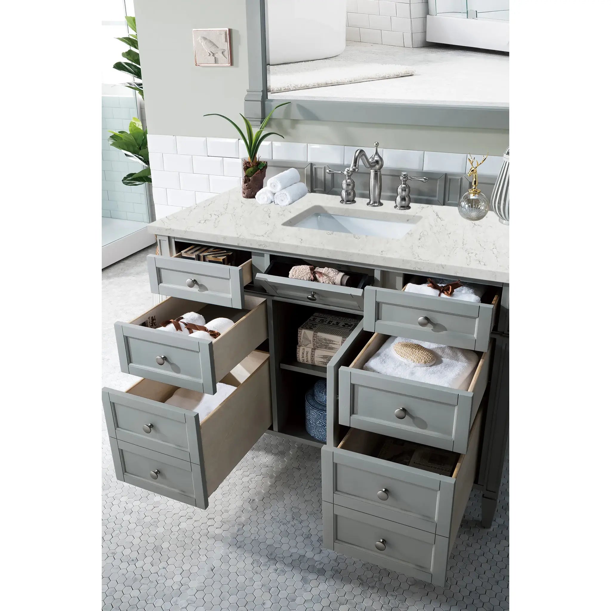 48" Brittany Single Vanity in Urban Gray-Eternal Jasmine Pearl Silestone-8" Widespread image 3