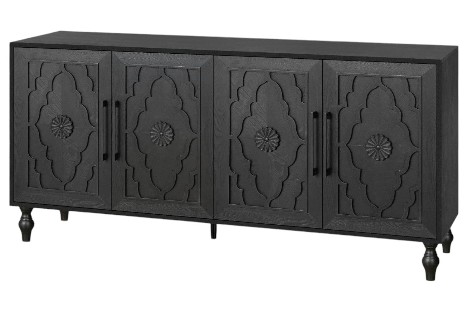 68" Black Distressed Carved Floral Sideboard with Four Doors-3