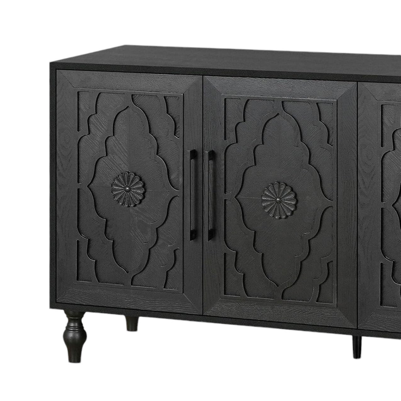 68" Black Distressed Carved Floral Sideboard with Four Doors-6
