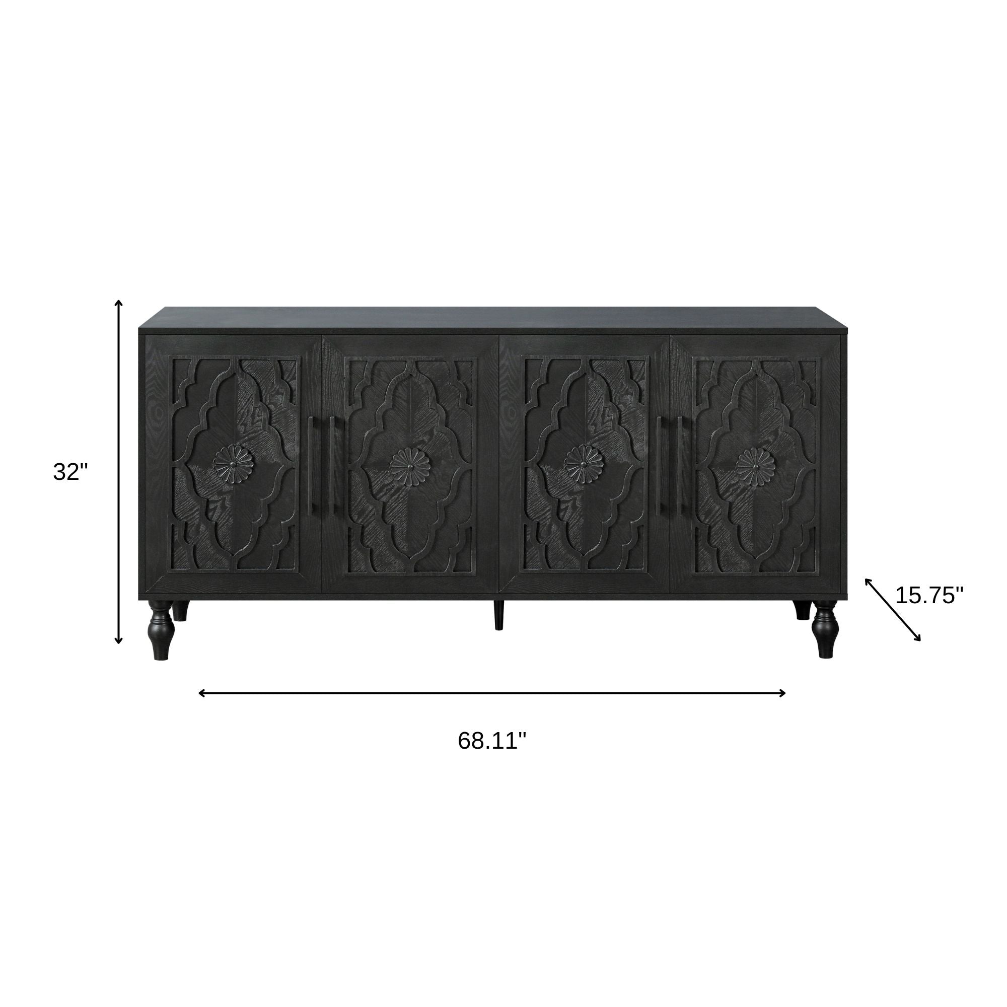 68" Black Distressed Carved Floral Sideboard with Four Doors-7