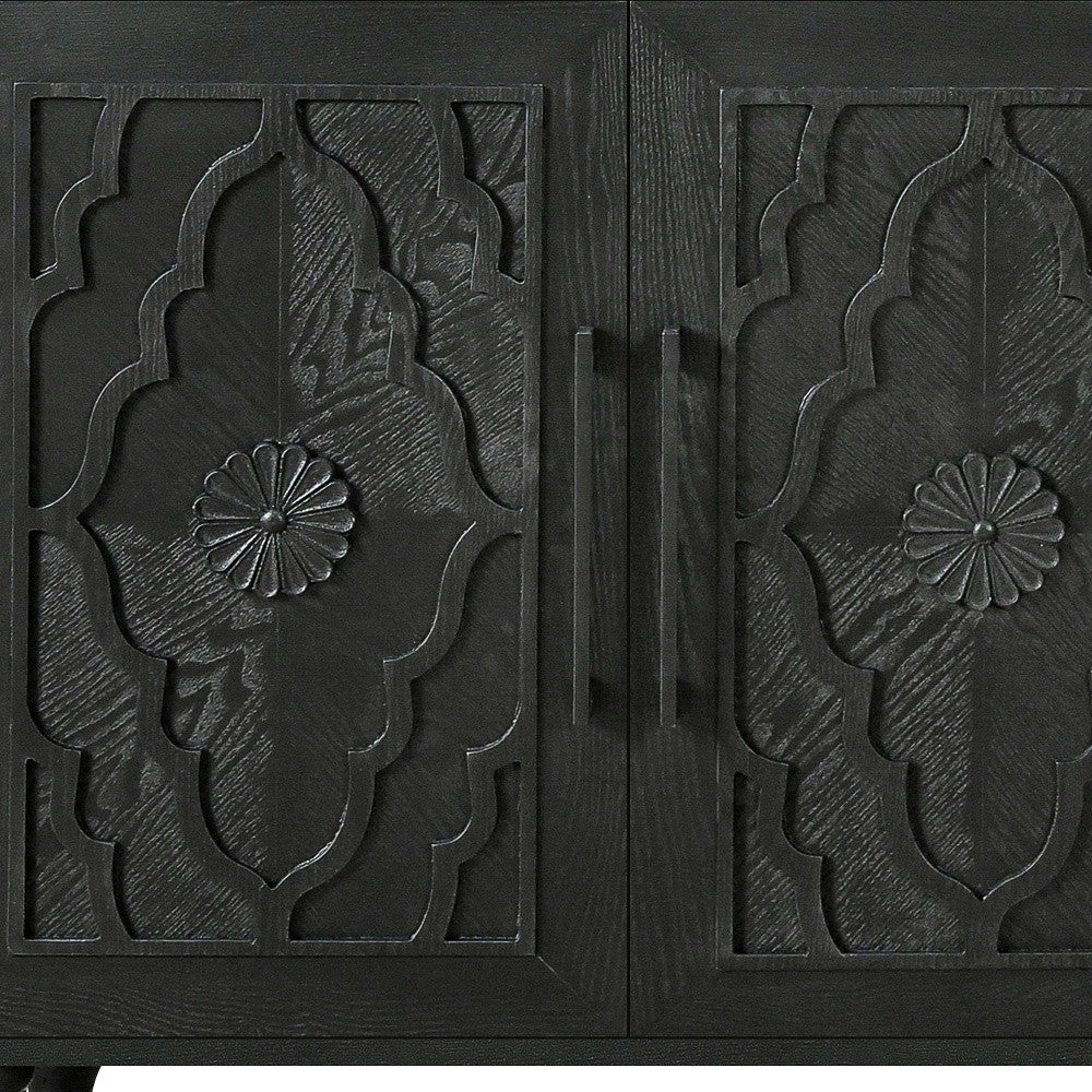68" Black Distressed Carved Floral Sideboard with Four Doors-8