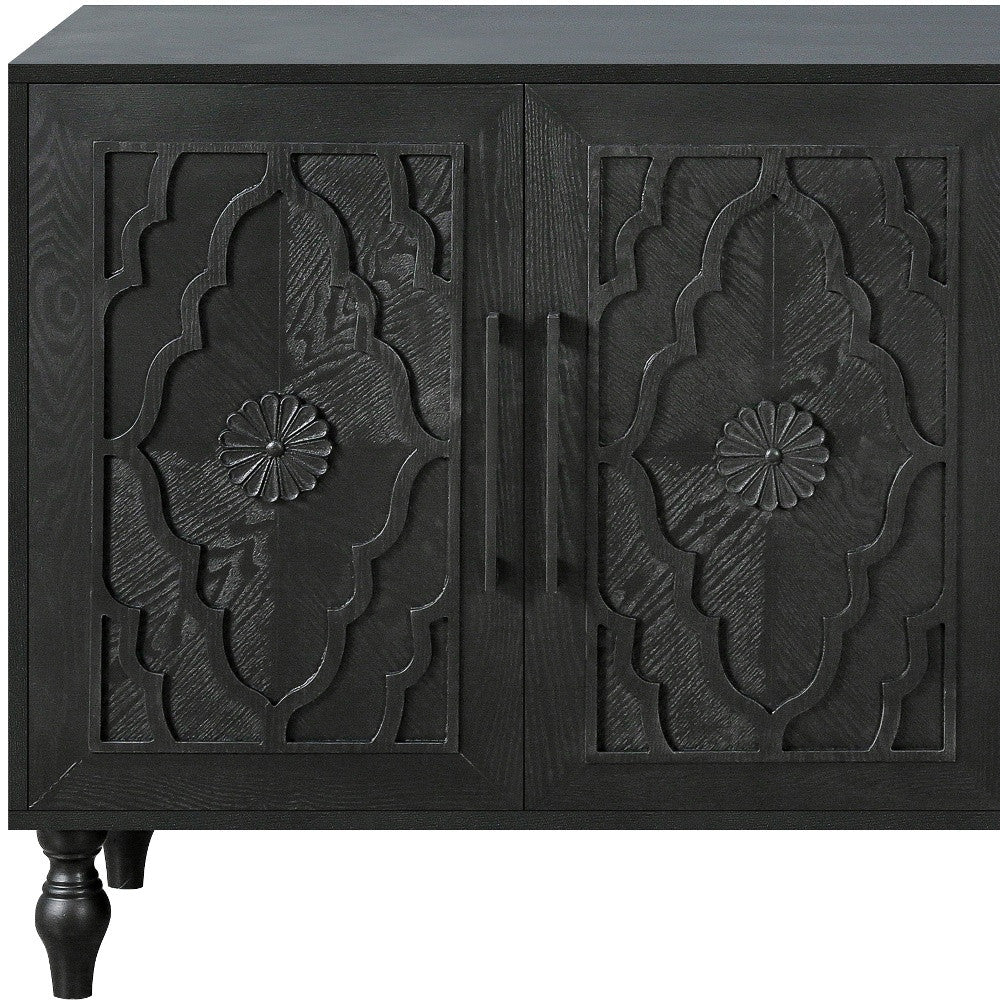 68" Black Distressed Carved Floral Sideboard with Four Doors-5