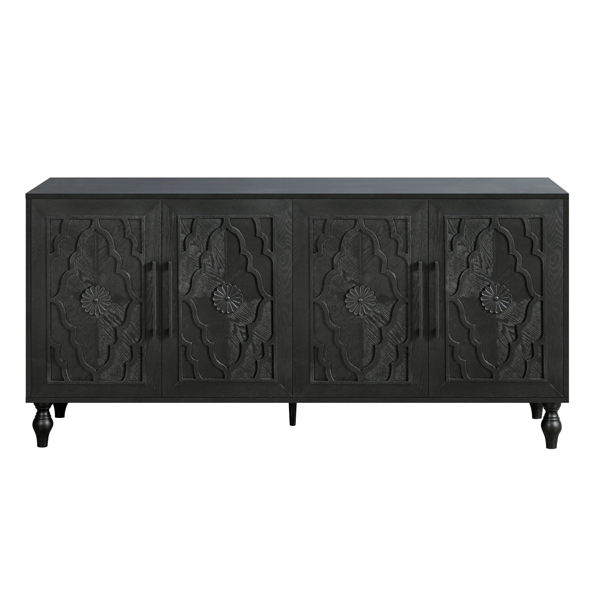 68" Black Distressed Carved Floral Sideboard with Four Doors-2