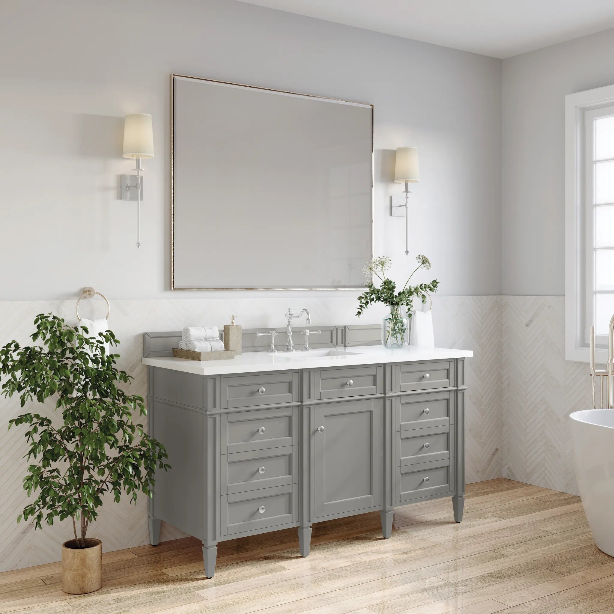 60" Brittany Single Vanity in Urban Gray-White Zeus Silestone-8" Widespread image 2