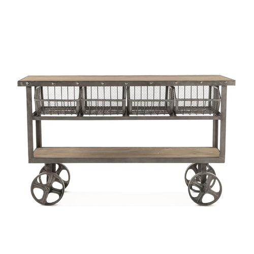 60" Reclaimed Wood Utility Cart Console Table on Wheels