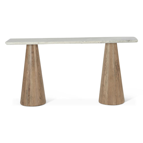 60" White Travertine Console Table with Oak Base for Entryway