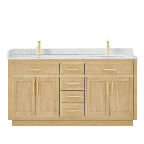 66" Beckett Double Bathroom Vanity with Toe Kick Rift Oak Brushed Gold Trim by wyndham