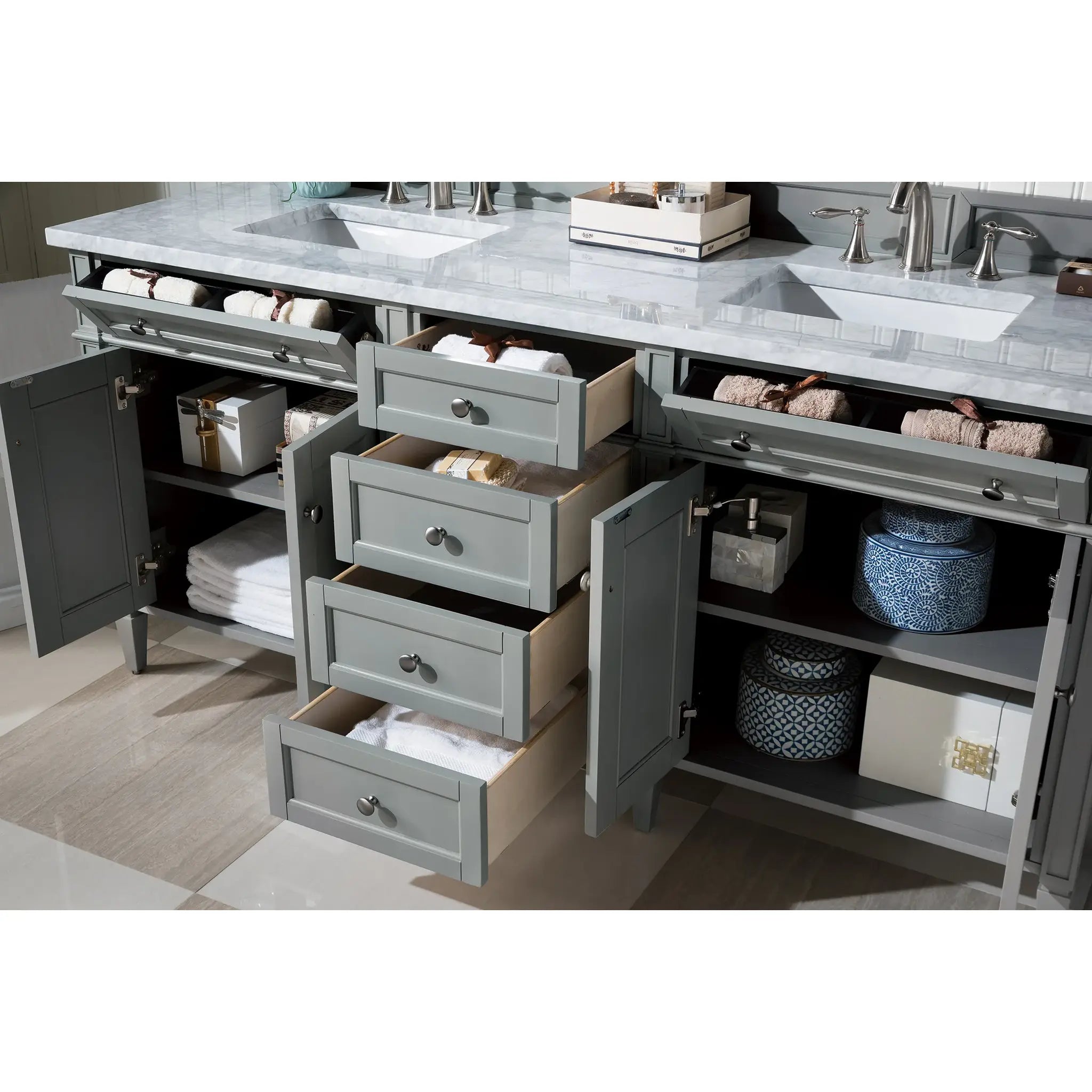 72" Brittany Double Vanity in Urban Gray-Carrara White Marble-8" Widespread image 3