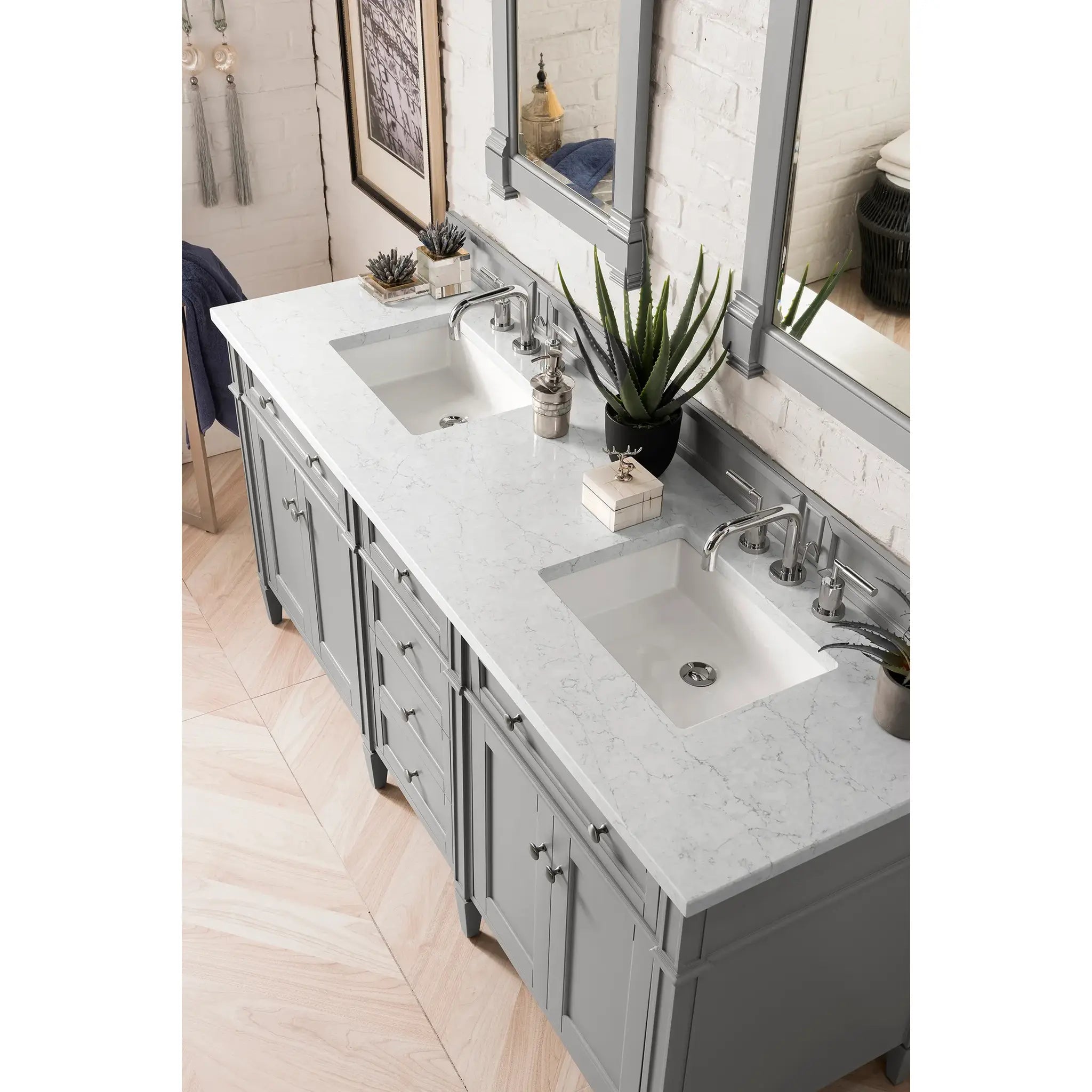 72" Brittany Double Vanity in Urban Gray-Eternal Jasmine Pearl Silestone-8" Widespread image 2