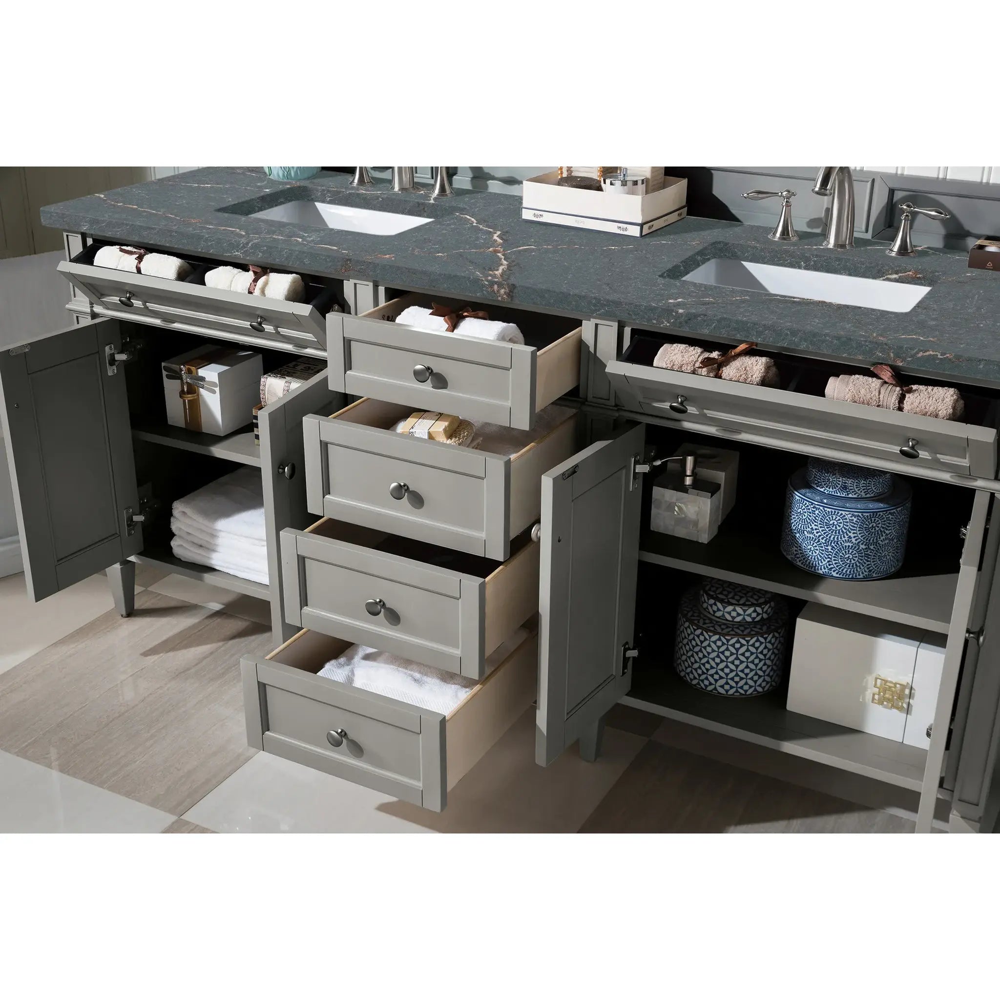 72" Brittany Double Vanity in Urban Gray-Parisien Bleu Silestone-8" Widespread image 3