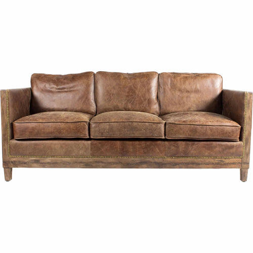 72" Brown Leather Sofa with Nailhead Trim