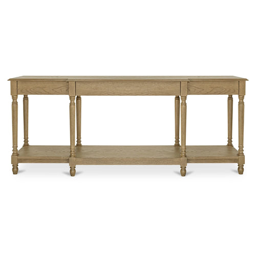 80" Sand Oak Console Table with Shelf, Turned Legs
