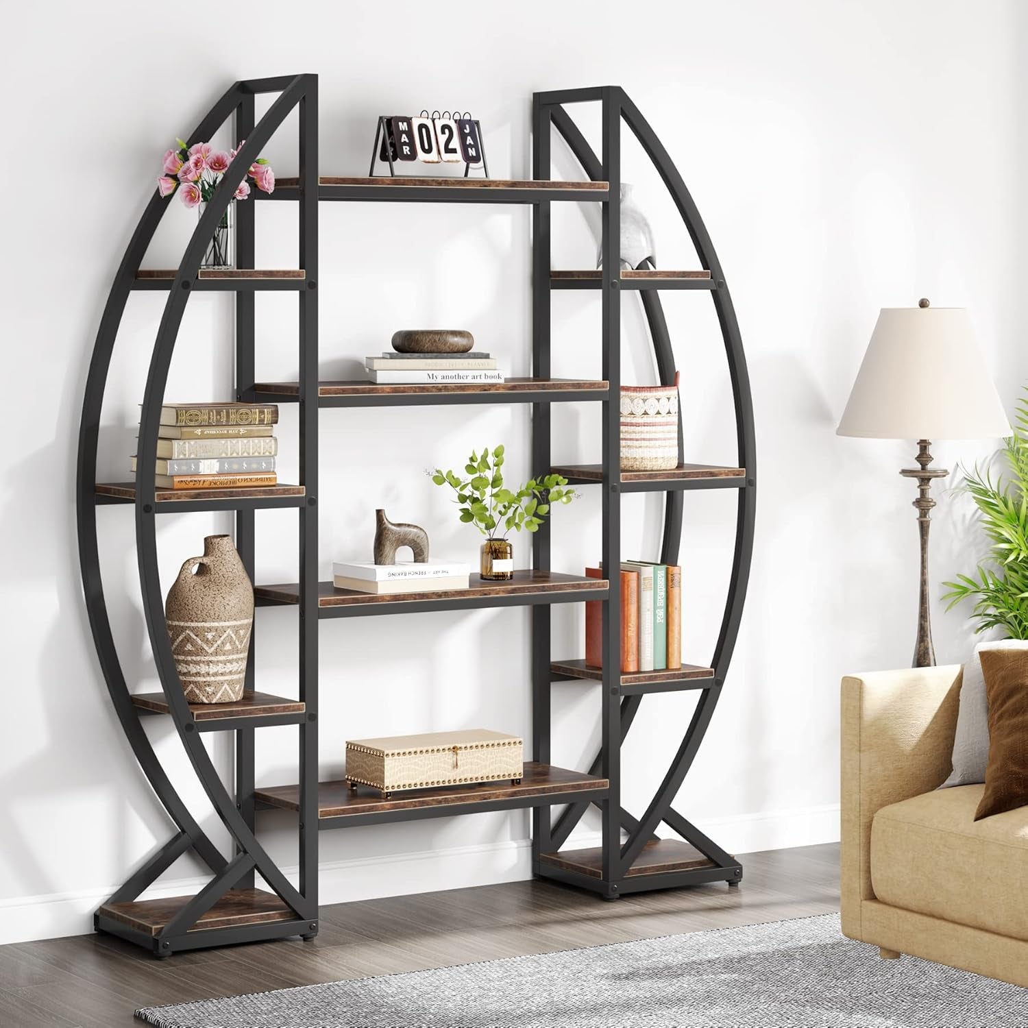 Oval 55 Inch Brown IndustrialDisplay Etagere Bookcase - AURA