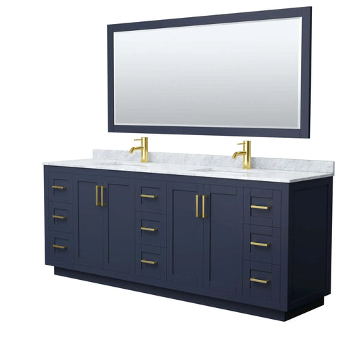 84" Miranda Double Bathroom Vanity in Dark Blue with Brushed Gold Trim & 70" Mirror by Wyndham