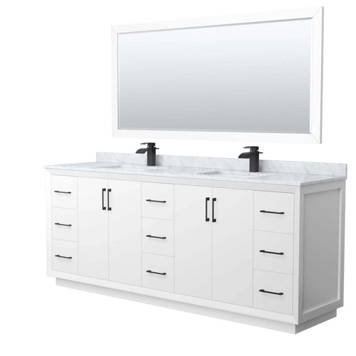 84" Strada Double Bathroom Vanity in White with Matte Black Trim & 70" Mirror by Wyndham