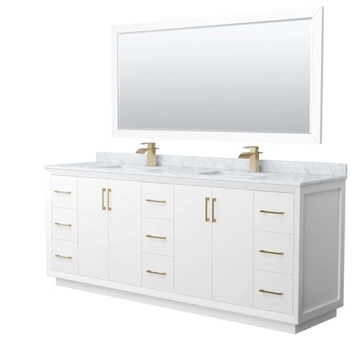 84" Strada Double Bathroom Vanity in White with Satin Bronze Trim & 70" Mirror by Wyndham