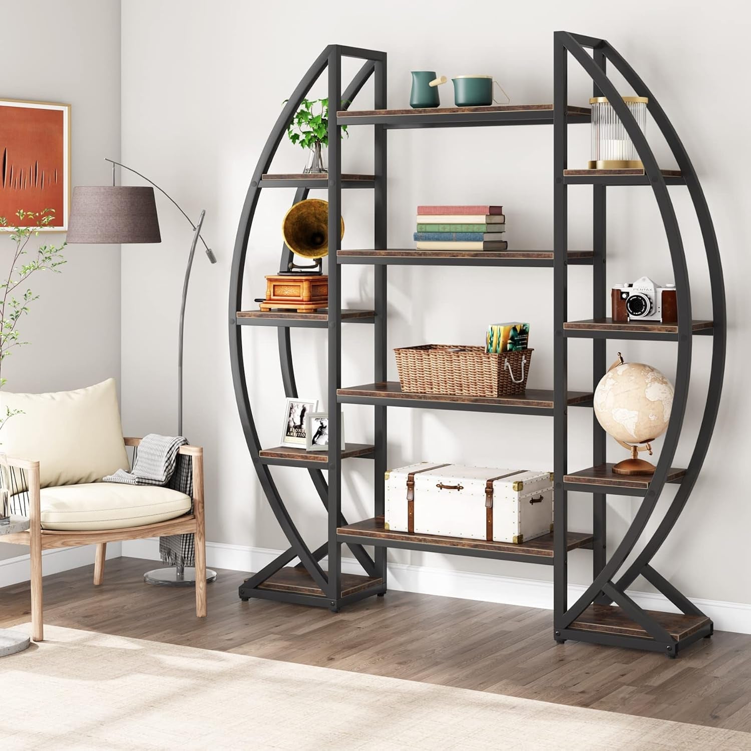 Oval 55 Inch Brown IndustrialDisplay Etagere Bookcase - AURA