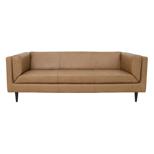 86" Tan Leather Sofa with Tapered Dark Legs