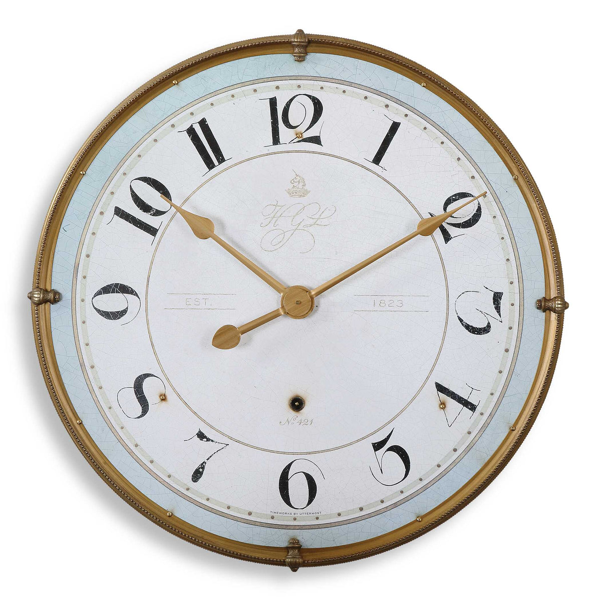 32 inch antiqued gold wall clock with ivory face and blue accent