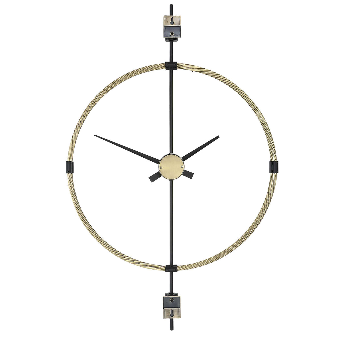 Back view of a vertical bar wall clock showing the iron frame and wall mounts