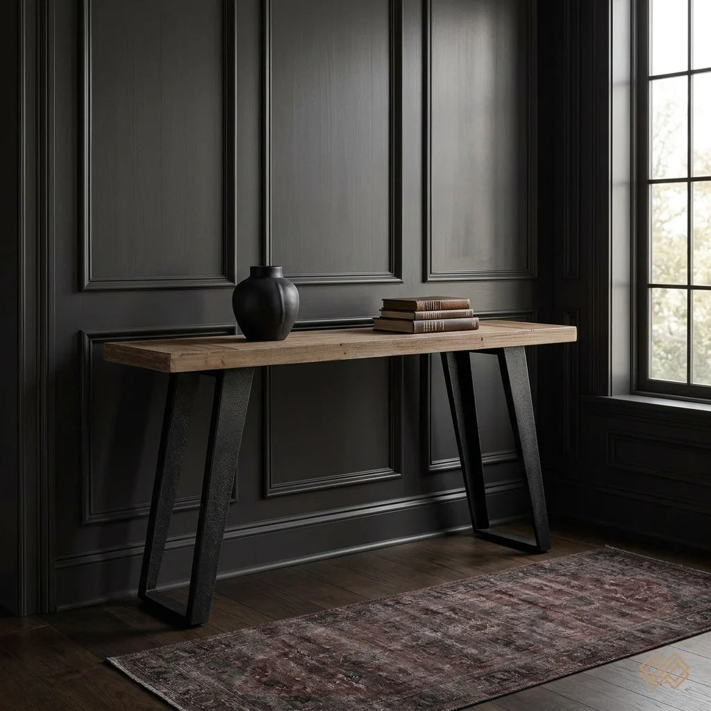 55" Weathered Oak Finish Fir Console Table with Black Metal Legs. A weathered top and black metal legs make an easy pair. Shown in a Modern Dark Academia entryway.
