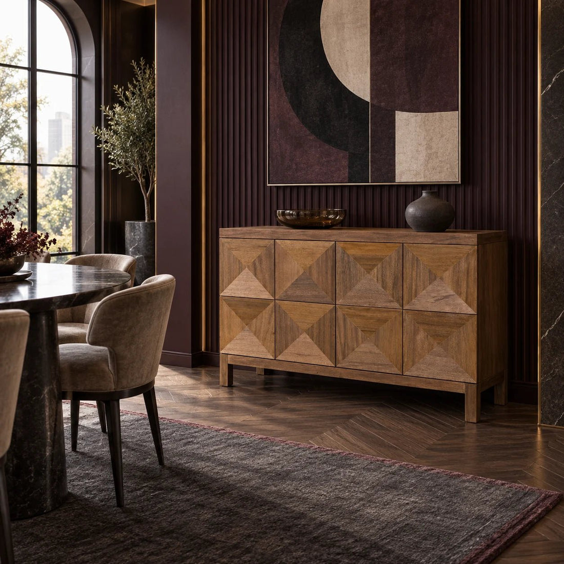 52" Dark Walnut Geometric Carved 2 Door Sideboard. Two geometrically carved doors open via hidden push latch to reveal one large interior cupboard, with one removable shelf, in this handcrafted and finished walnut sideboard. Shown in a dining room.