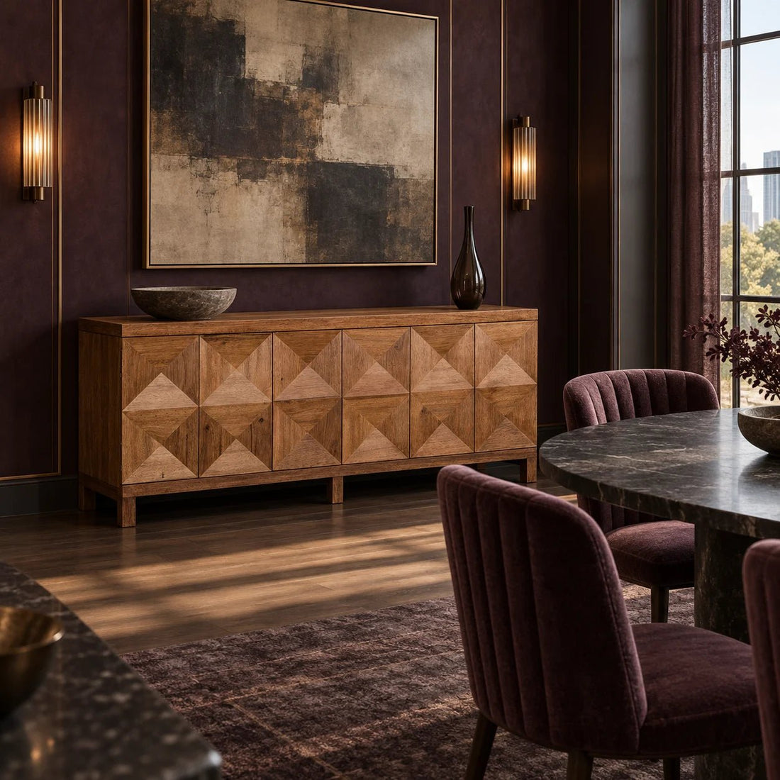 76" Dark Walnut Geometric Carved 3 Door Sideboard. This classic yet contemporary design features three geometrically carved doors that open via hidden push latch to reveal two large interior cupboards. Shown in a dining room.