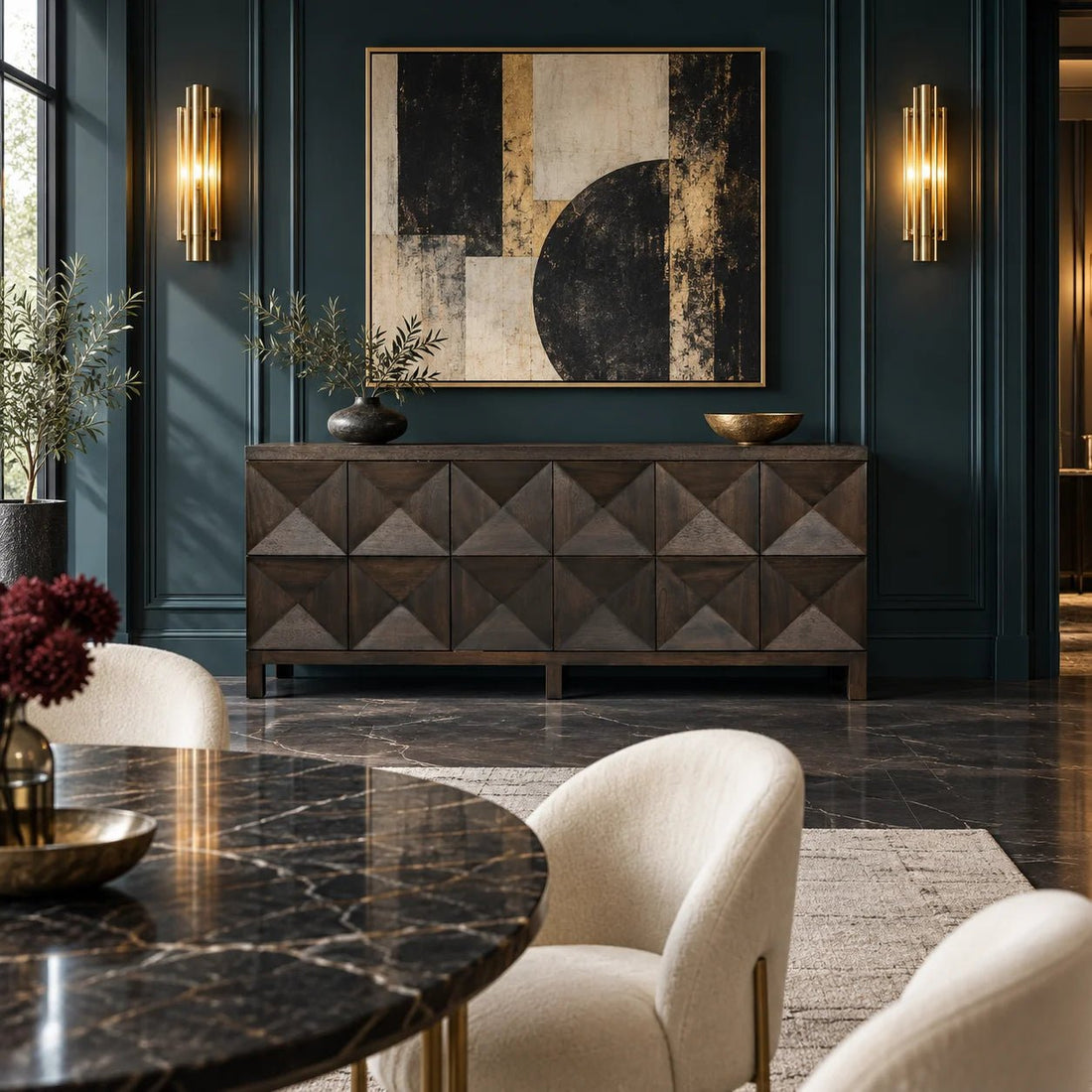 75.5" Ebony Walnut Geometric Carved 3 Door Sideboard. This classic yet contemporary design features three geometrically carved doors that open via hidden push latch to reveal two large interior cupboards. Shown in a dining room.