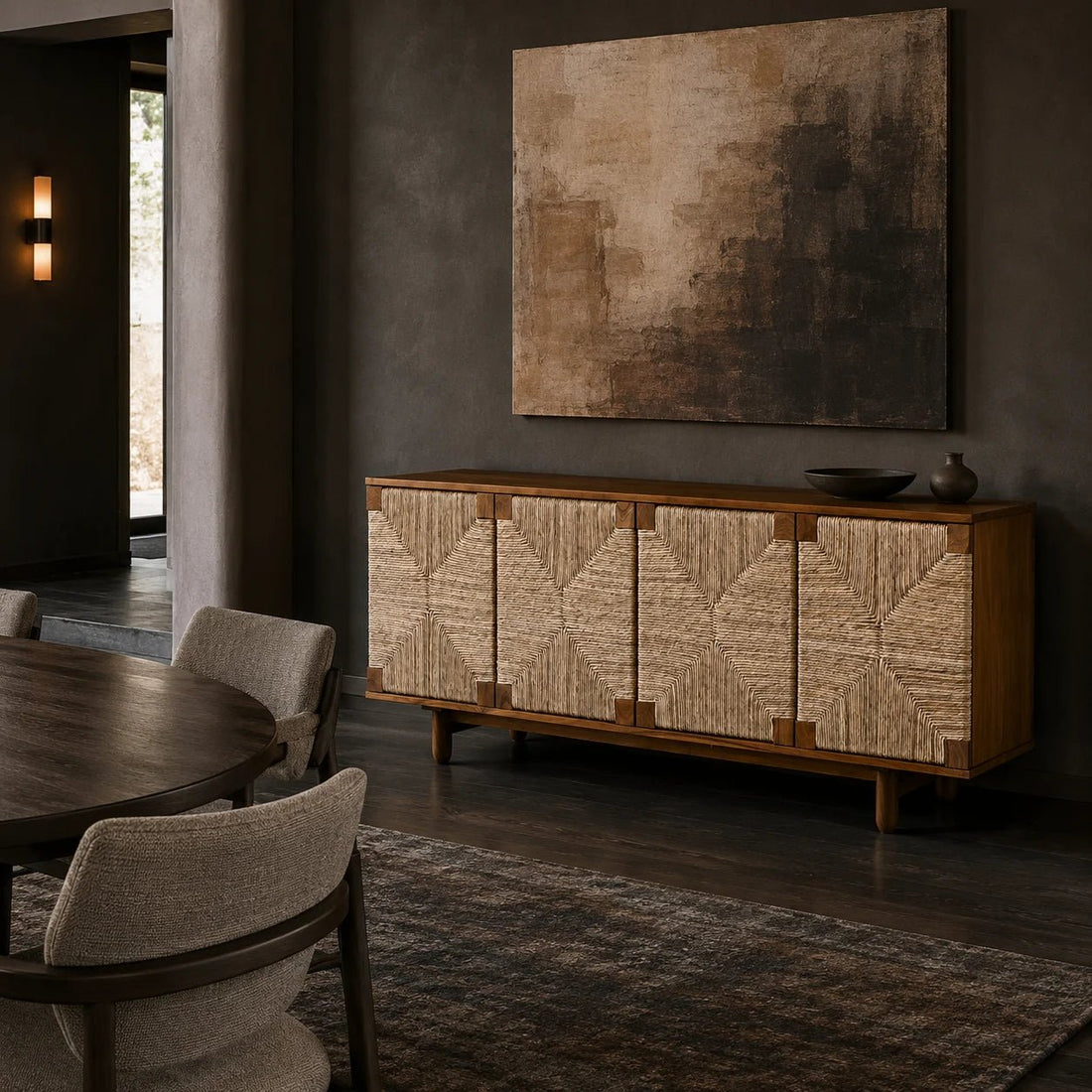 Brook 4 Door Sideboard in Clear Coat Semi-Gloss by Noir (GCON239-2T). Shown in a living room.