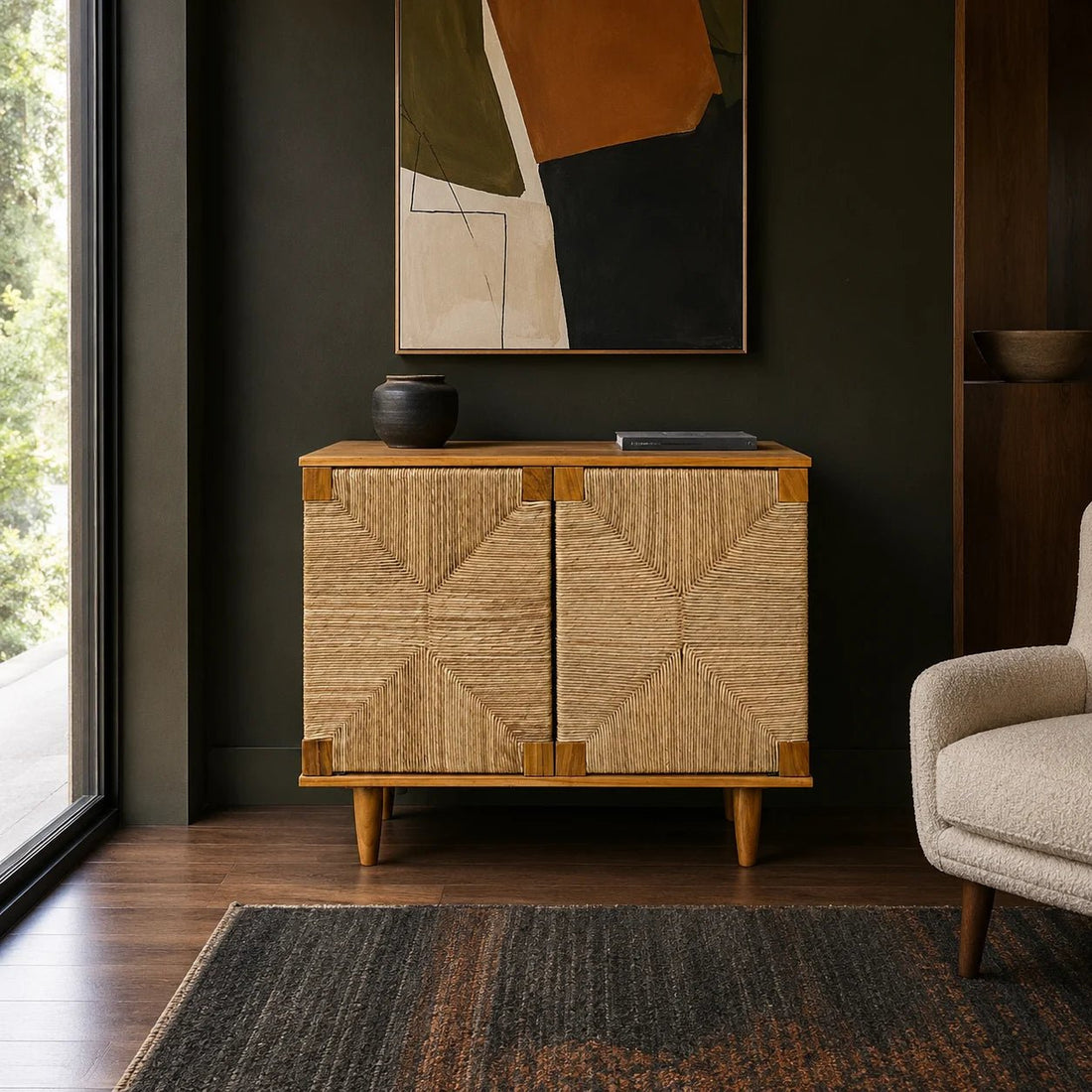 Brook 2 Door Sideboard in Clear Coat Semi-Gloss by Noir (GCON239T). Shown in a living room.