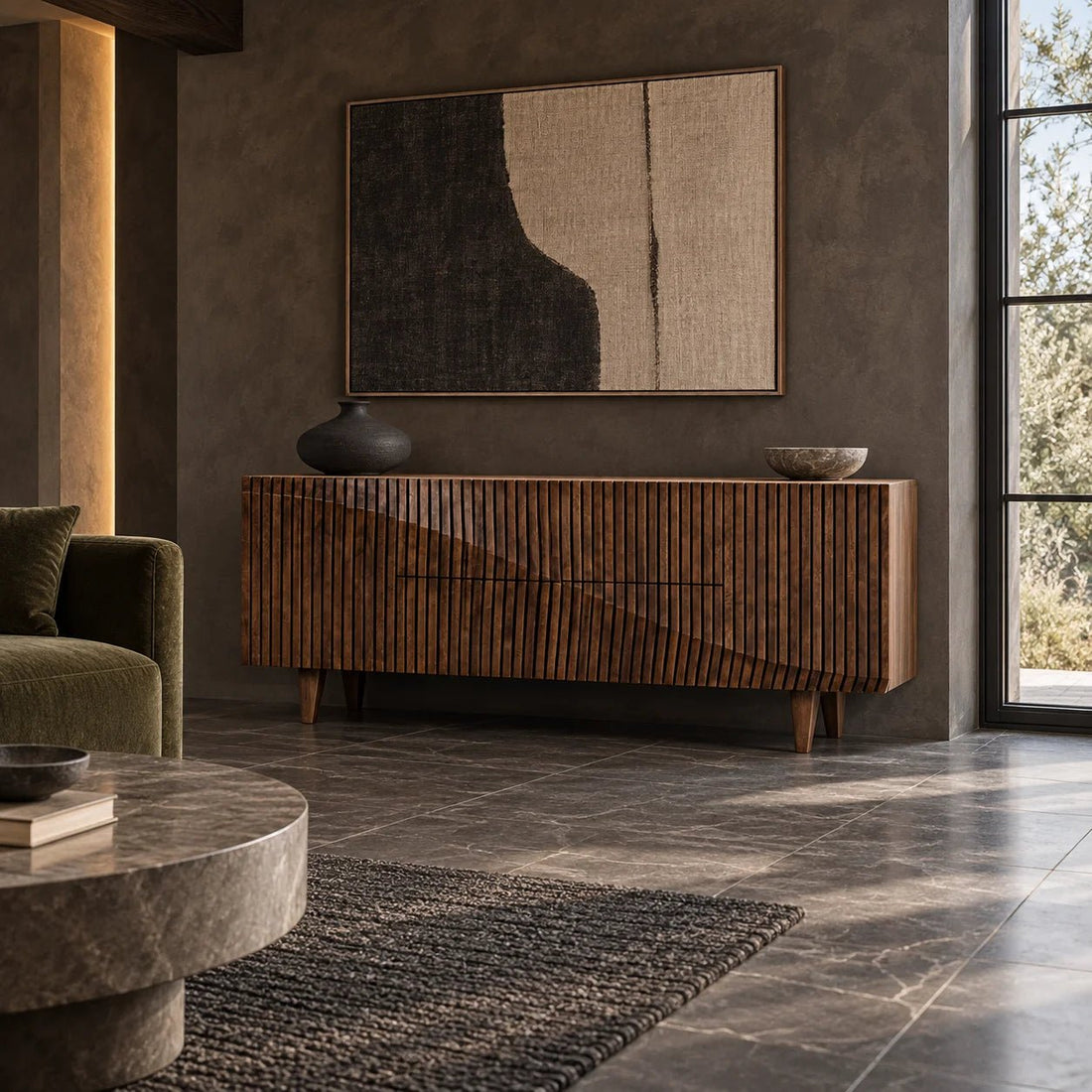 Jin-Ho Sideboard in Dark Walnut by Noir (GCON264DW). Hand-carved of walnut, this sideboard's classically carved face is enhanced with a dramatic carved swoosh that drifts from corner to corner. Shown in a dining room.