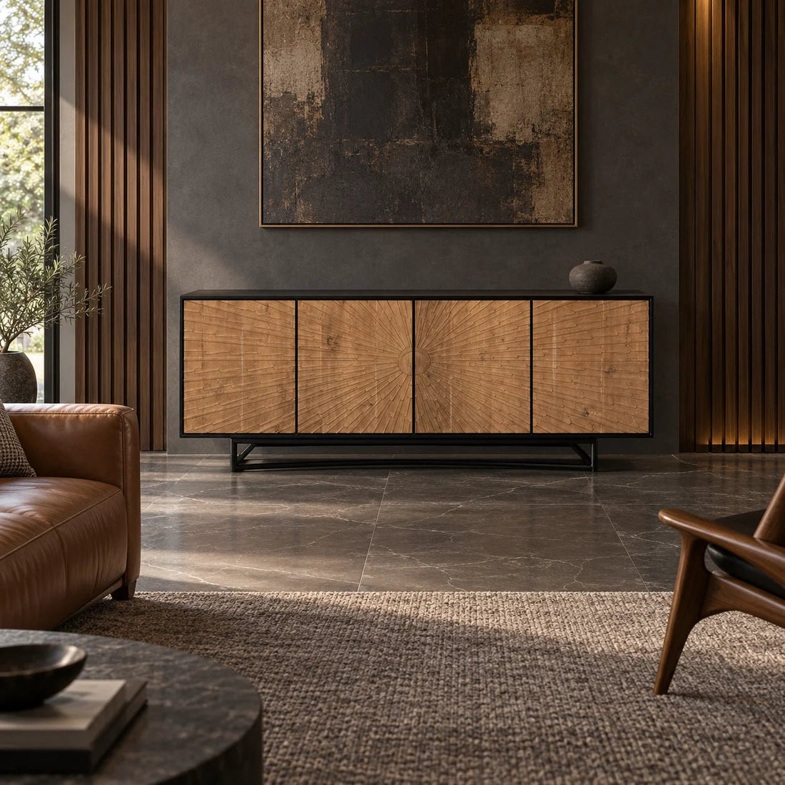 76" Hand Rubbed Black Sideboard with Teak Starburst Doors. Hand-carved of teak and mahogany, the doors of This mid-century modern sideboard feature exquisite starburst carvings and open to reveal ample storage. Shown in a bedroom.