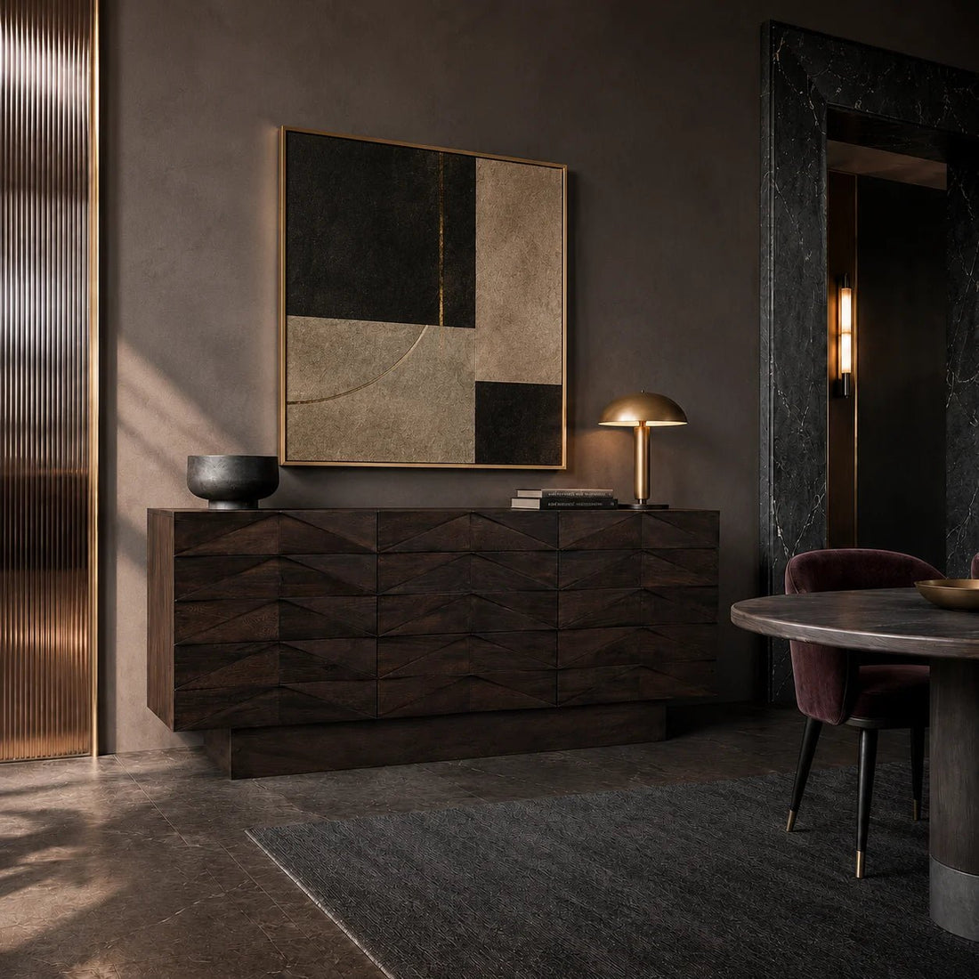 Drake Sideboard in Ebony Walnut by Noir (GCON306EB). Each of this refined washed walnut sideboard's nine drawers are beautifully embellished with a repeating hand-carved pattern. Shown in a bedroom.